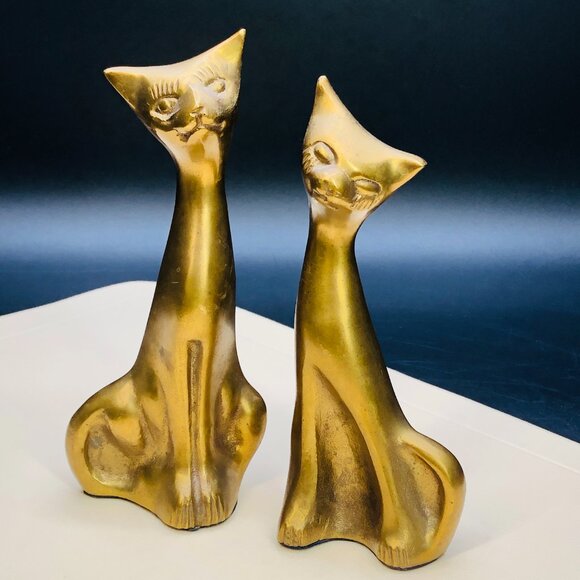 80s Brass Long Neck Alley Cat COUPLE Figurines Set, Vintage Gold Tone Statuettes - Picture 2 of 11